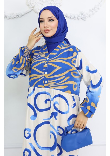 Yarım Düğmeli Viskon Desenli Elbise 0028-01 Saks Bej modelleri