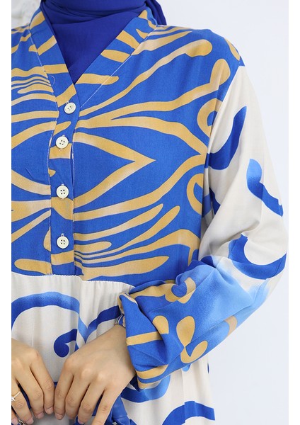 Yarım Düğmeli Viskon Desenli Elbise 0028-01 Saks Bej fırsatları