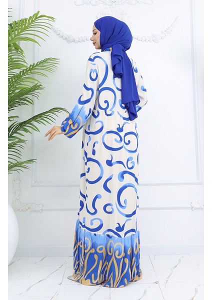 Yarım Düğmeli Viskon Desenli Elbise 0028-01 Saks Bej indirimleri