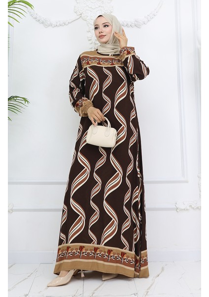 Viskon Kumaş Kol Ucu Lastikli Elbise 0031-04 Kahverengi