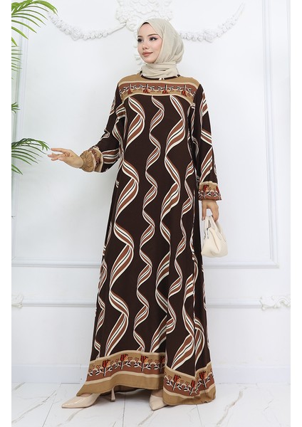 Viskon Kumaş Kol Ucu Lastikli Elbise 0031-04 Kahverengi fiyatları