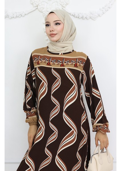 Viskon Kumaş Kol Ucu Lastikli Elbise 0031-04 Kahverengi modelleri