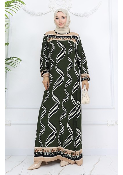 Viskon Kumaş Kol Ucu Lastikli Elbise 0031-06 Haki