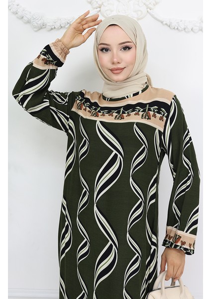 Viskon Kumaş Kol Ucu Lastikli Elbise 0031-06 Haki modelleri