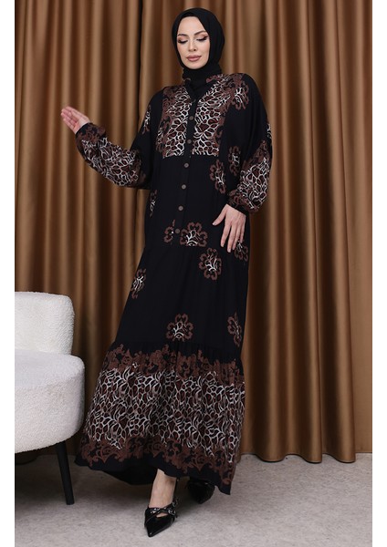 Leopar Garnili Desenli Elbise 5576-06 Siyah