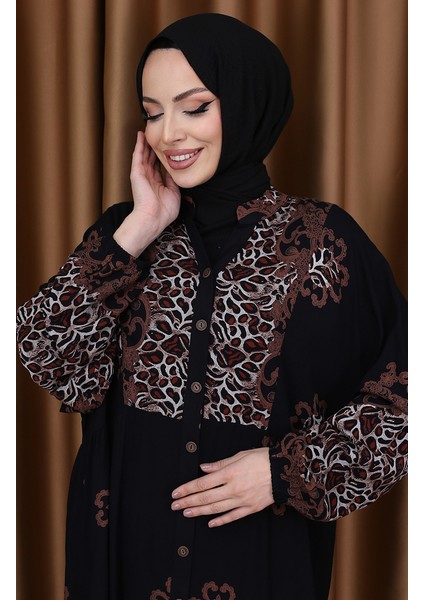 Leopar Garnili Desenli Elbise 5576-06 Siyah modelleri