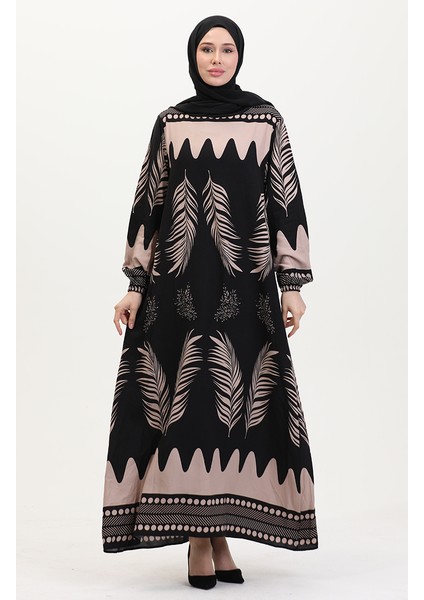 Desenli Viskon Elbise 0005-03 Siyah modelleri