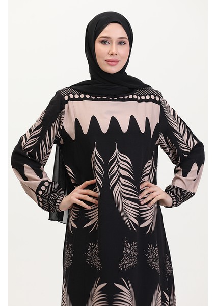 Desenli Viskon Elbise 0005-03 Siyah fırsatları