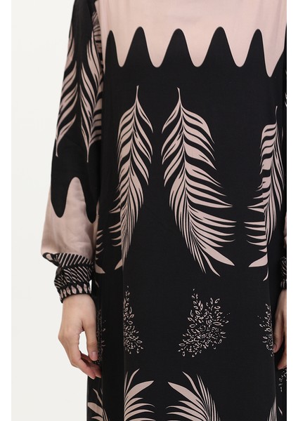 Desenli Viskon Elbise 0005-03 Siyah indirimleri