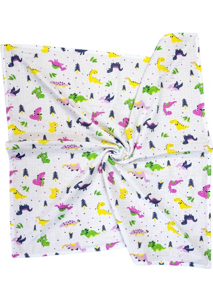 2 Katlı Arkası Sarı Dinazor Desenli %100 Pamuklu Müslin & Pike , Bebek Battaniyes