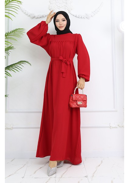 Krep Kumaş Kolu Lastikli Elbise 0029-01 Kırmızı