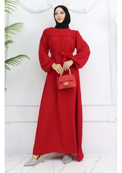 Krep Kumaş Kolu Lastikli Elbise 0029-01 Kırmızı fiyatları