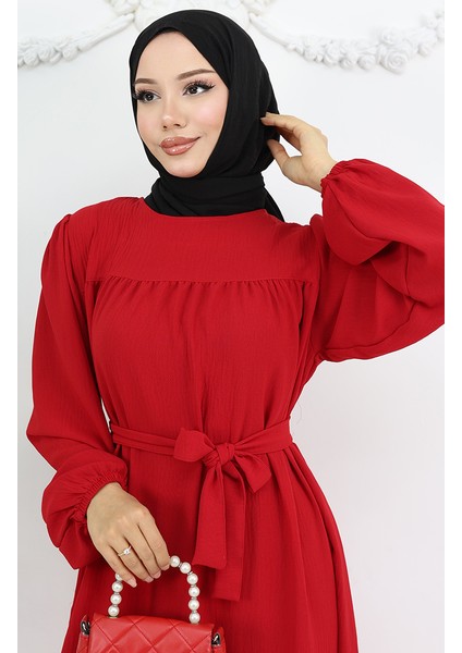 Krep Kumaş Kolu Lastikli Elbise 0029-01 Kırmızı modelleri
