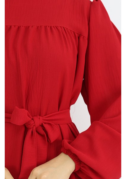 Krep Kumaş Kolu Lastikli Elbise 0029-01 Kırmızı fırsatları