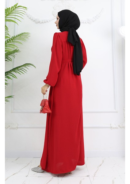 Krep Kumaş Kolu Lastikli Elbise 0029-01 Kırmızı indirimleri