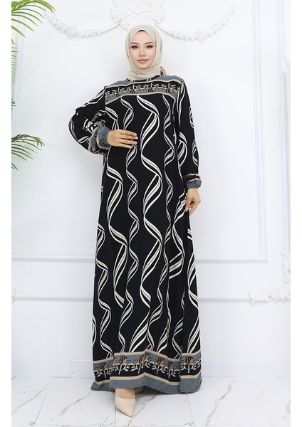 Viskon Kumaş Kol Ucu Lastikli Elbise 0031-01 Siyah