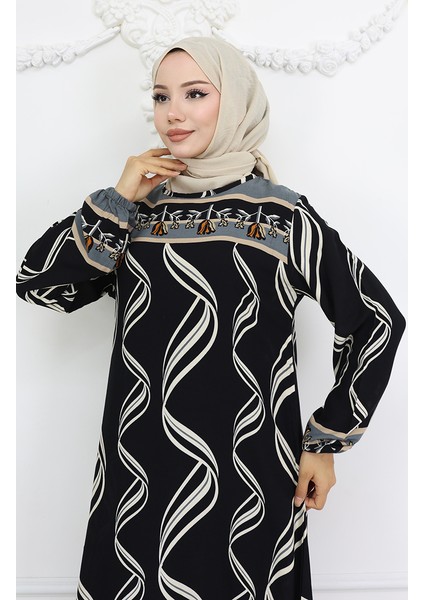Viskon Kumaş Kol Ucu Lastikli Elbise 0031-01 Siyah modelleri
