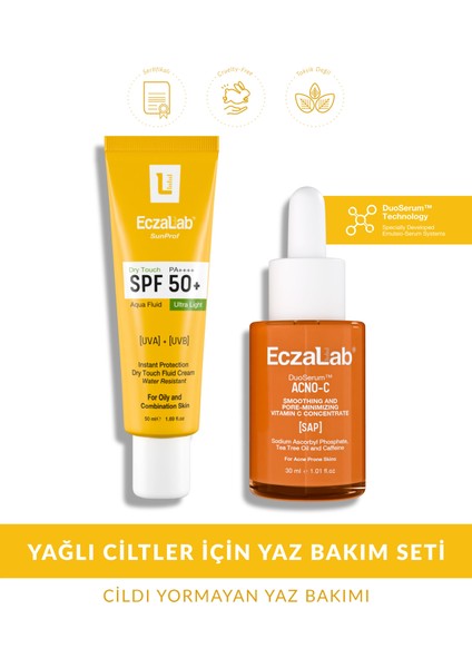 Yağlı & Akneye Eğilimli Ciltler Için Set | Oil Control SPF50+ Güneş Kremi & Acno-C Cilt Serumu