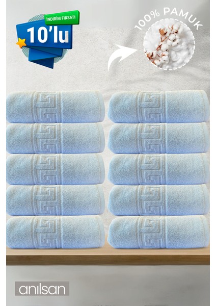 10'lu Mavi Greek El Havlusu - 50 x 90 cm , 225GR, Pamuk, Spa ve Otel Havlusu, Günlük Kullanıma Uygun