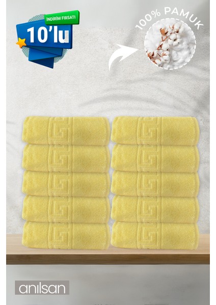 10'lu Sarı Greek El Havlusu - 50 x 90 cm , 225GR, Pamuk, Spa ve Otel Havlusu, Günlük Kullanıma Uygun