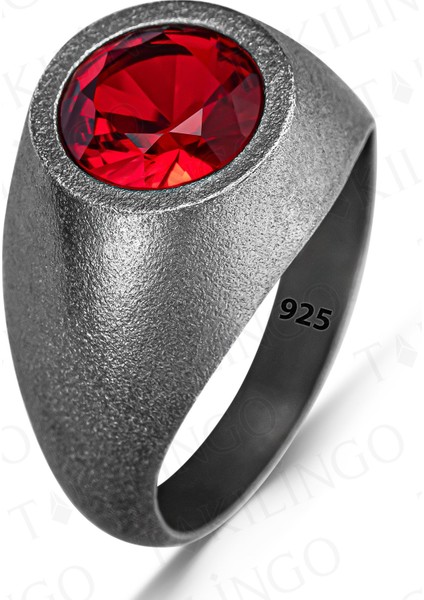 925 Ayar Gümüş Oksitli Yuvarlak Kırmızı Ruby Taşlı Sade Erkek Yüzük fiyatları