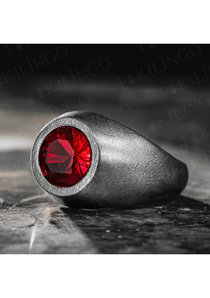925 Ayar Gümüş Oksitli Yuvarlak Kırmızı Ruby Taşlı Sade Erkek Yüzük modelleri