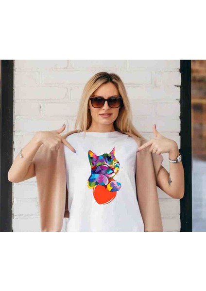 Kalp Kedi Baskılı Özel Tasarım Oversize Tshirt