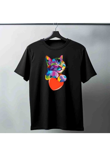 Kalp Kedi Baskılı Özel Tasarım Oversize Tshirt