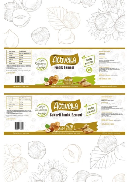 Şekerli Fındık Ezmesi 320GR %70 Fındıklı + Şekersiz Fındık Ezmesi 320GR %100 Fındıklı