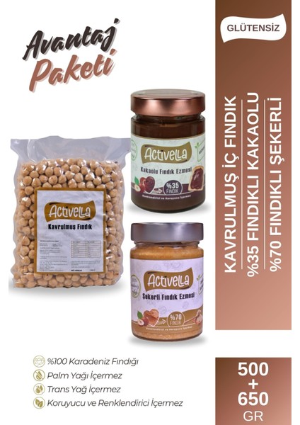 Kakaolu 330GR %35 Fındıklı + Şekerli 320GR %70 Fındıklı + Kavrulmuş Iç Fındık 500GR