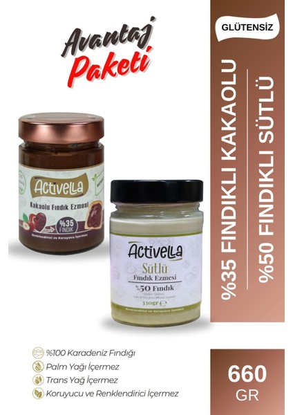 Kakaolu Fındık Ezmesi 330GR %35 Fındıklı + Sütlü Fındık Ezmesi 330GR %50 Fındıklı