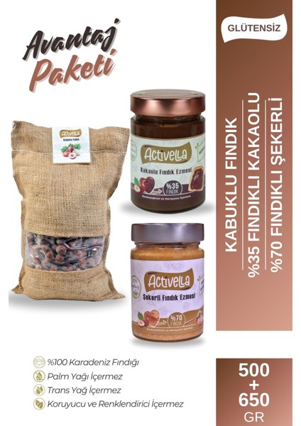 Kakaolu 330GR %35 Fındıklı + Şekerli 320GR %70 Fındıklı + Kabuklu Fındık 500GR
