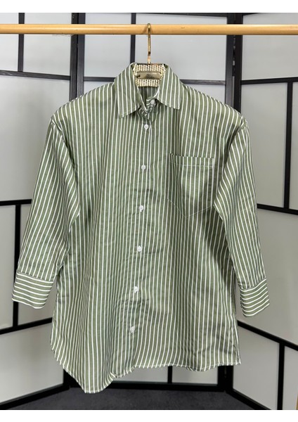 Haki Renk Uzun Kollu Çizgili Oversize Uzun Kadın Gömlek (1 Ya Da 2 Beden Büyük Alınız) modelleri