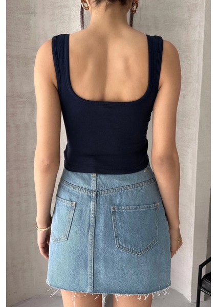 Kadın Lacivert Askılı Gloplu Südyenli Crop Atlet