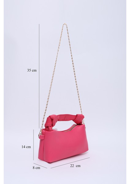 Fuşya SHK24 Orjinal Soft Deri Düğüm Detaylı Zincir Askılı El ve Omuz Çantası U:14 E:22 G:8 cm