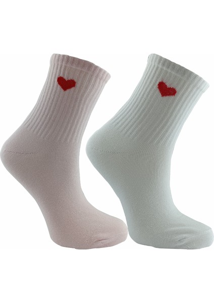 2 Çift Kalp Desenli Kolej Çorap Beya-Pembe