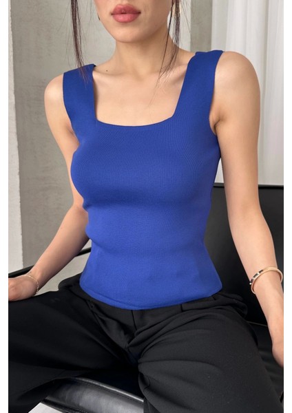 Kadın Sax Mavi Kare Yaka Kalın Askılı Triko Bluz
