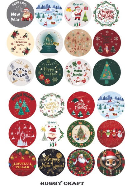 24 Adet 4 cm Yılbaşı Temalı Etiket, Yapışkanlı Sticker, Hediye Paketi Etiketi (Yüksek Kalite)