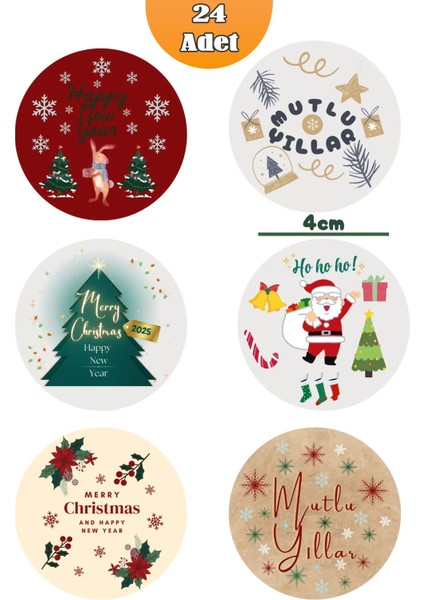24 Adet 4 cm Yılbaşı Temalı Etiket, Yapışkanlı Sticker, Hediye Paketi Etiketi (Yüksek Kalite) modelleri