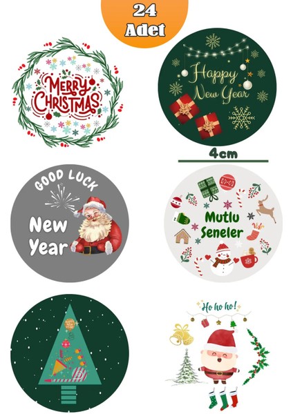 24 Adet 4 cm Yılbaşı Temalı Etiket, Yapışkanlı Sticker, Hediye Paketi Etiketi (Yüksek Kalite) fırsatları