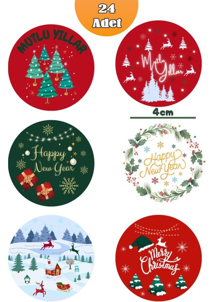 24 Adet 4 cm Yılbaşı Temalı Etiket, Yapışkanlı Sticker, Hediye Paketi Etiketi (Yüksek Kalite) indirimleri