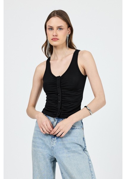 Siyah U Yaka Büzgülü Düğmeli Atlet 13298