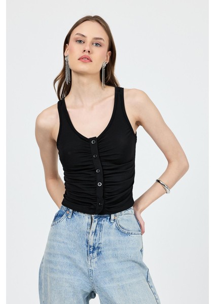 Siyah U Yaka Büzgülü Düğmeli Atlet 13298 modelleri