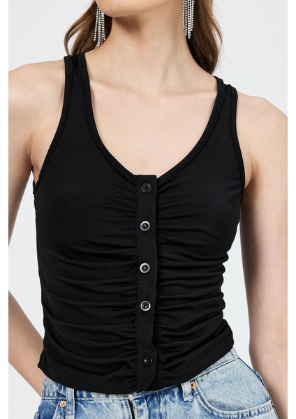 Siyah U Yaka Büzgülü Düğmeli Atlet 13298 fırsatları