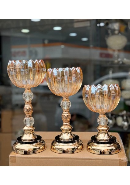 Lüks Cam Metal Gövdeli 3lü Gold Şamdan
