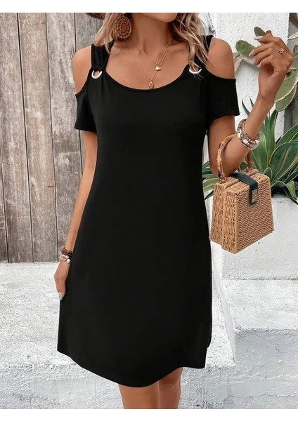 Kadın Askılı Omuzlardan Açık Kısa Kollu Kuş Gözü Detaylı Viskon Elbise (Büyük Bedenleri Mevcuttur)