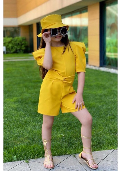 Kız Çocuk Bisiklet Yaka Yarım Kol Bel Bağlama Detaylı Sarı Şortlu Tulum