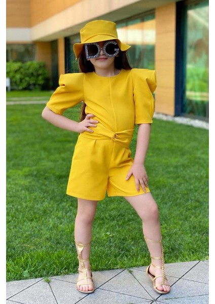 Kız Çocuk Bisiklet Yaka Yarım Kol Bel Bağlama Detaylı Sarı Şortlu Tulum fiyatları