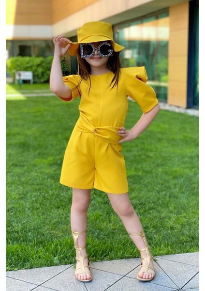 Kız Çocuk Bisiklet Yaka Yarım Kol Bel Bağlama Detaylı Sarı Şortlu Tulum modelleri