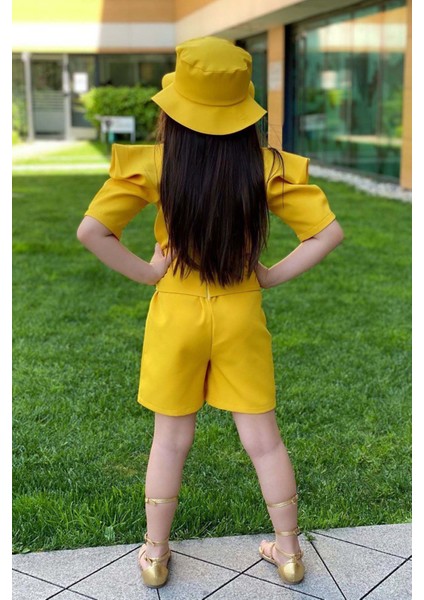 Kız Çocuk Bisiklet Yaka Yarım Kol Bel Bağlama Detaylı Sarı Şortlu Tulum fırsatları